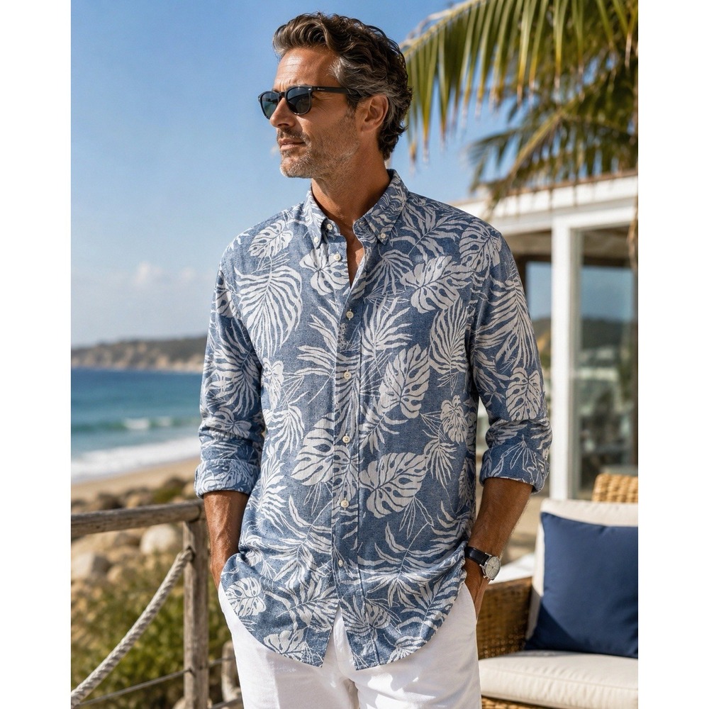 Brooks Brothers Men Shirt L Blue Monstera Reverse Print Tropical Leaf Slim